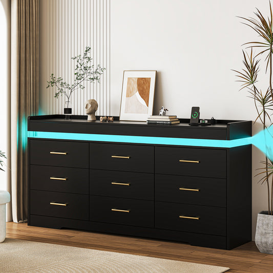 63“ Modern 9 Drawers Dresser with LED and Charging Station