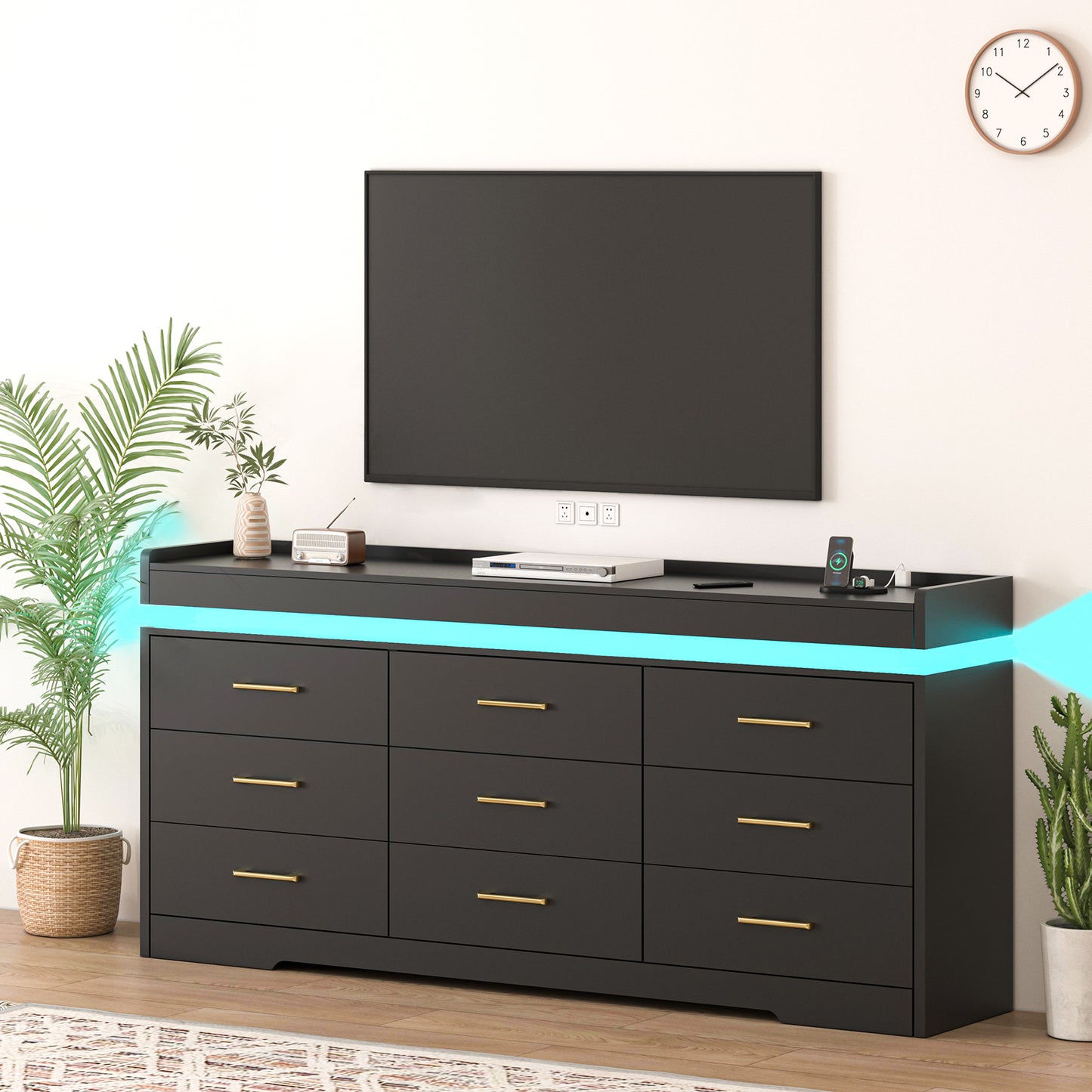 63“ Modern 9 Drawers Dresser with LED and Charging Station