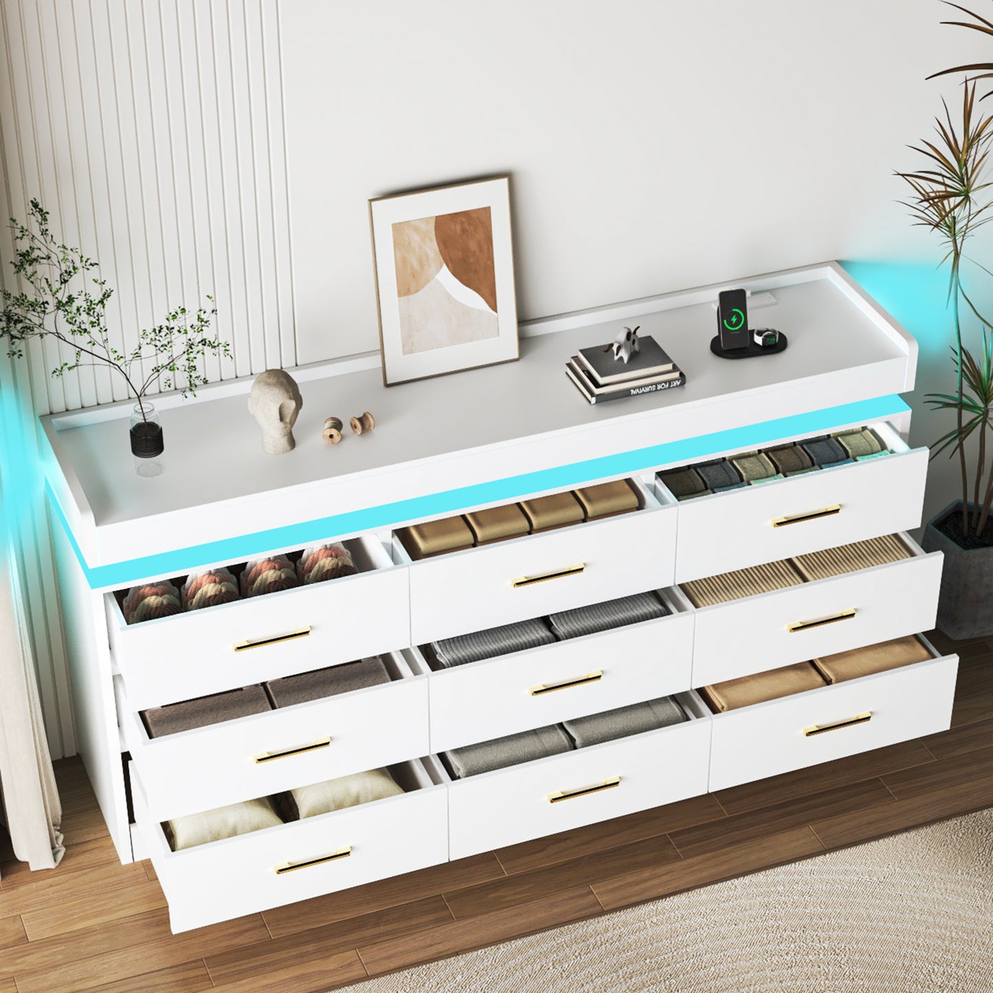 63“ Modern 9 Drawers Dresser with LED and Charging Station