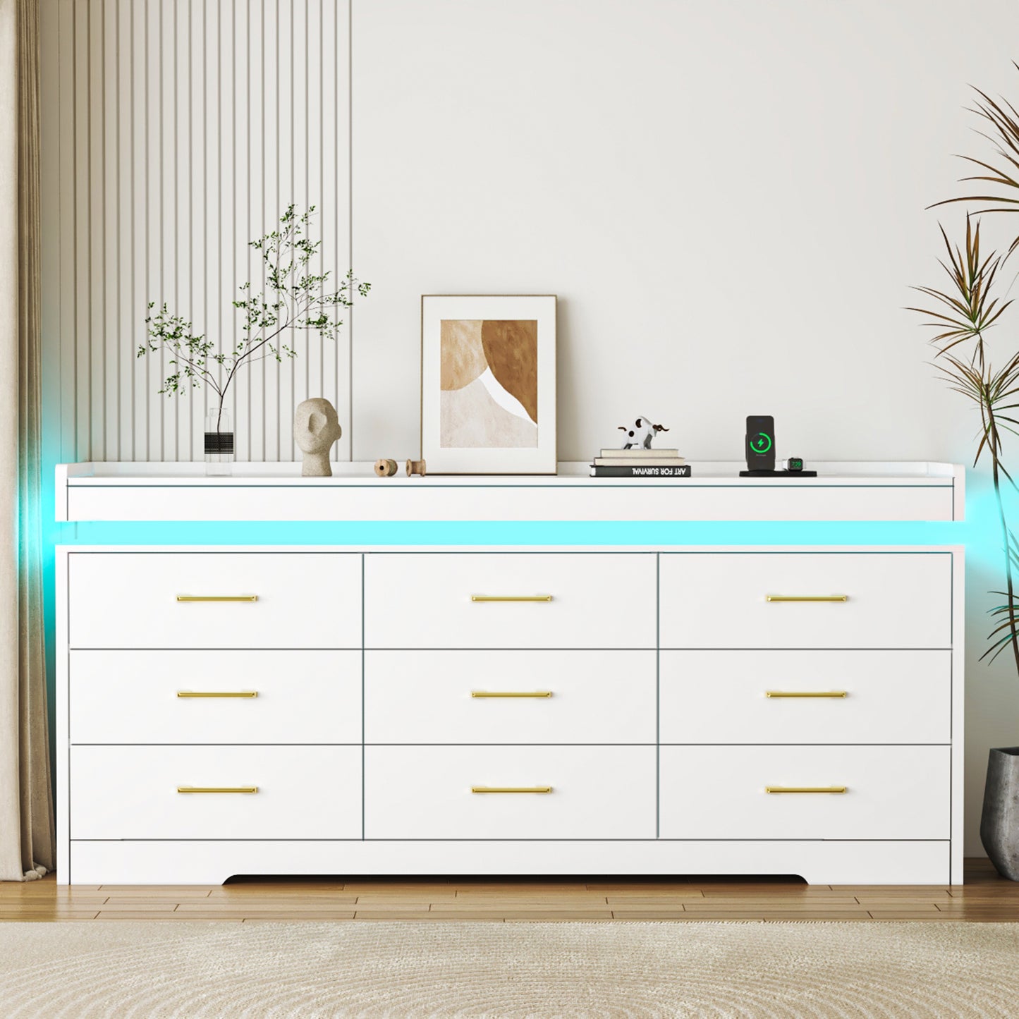 63“ Modern 9 Drawers Dresser with LED and Charging Station