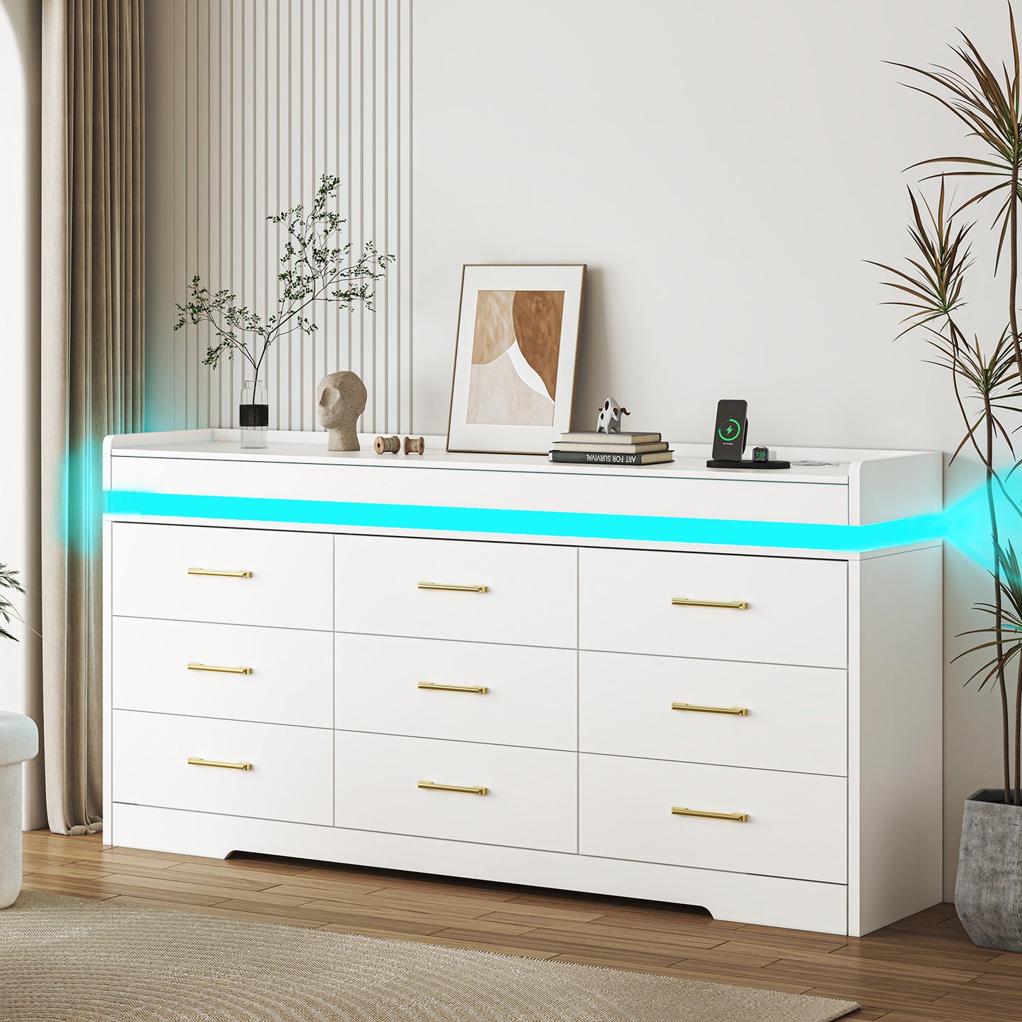 63“ Modern 9 Drawers Dresser with LED and Charging Station