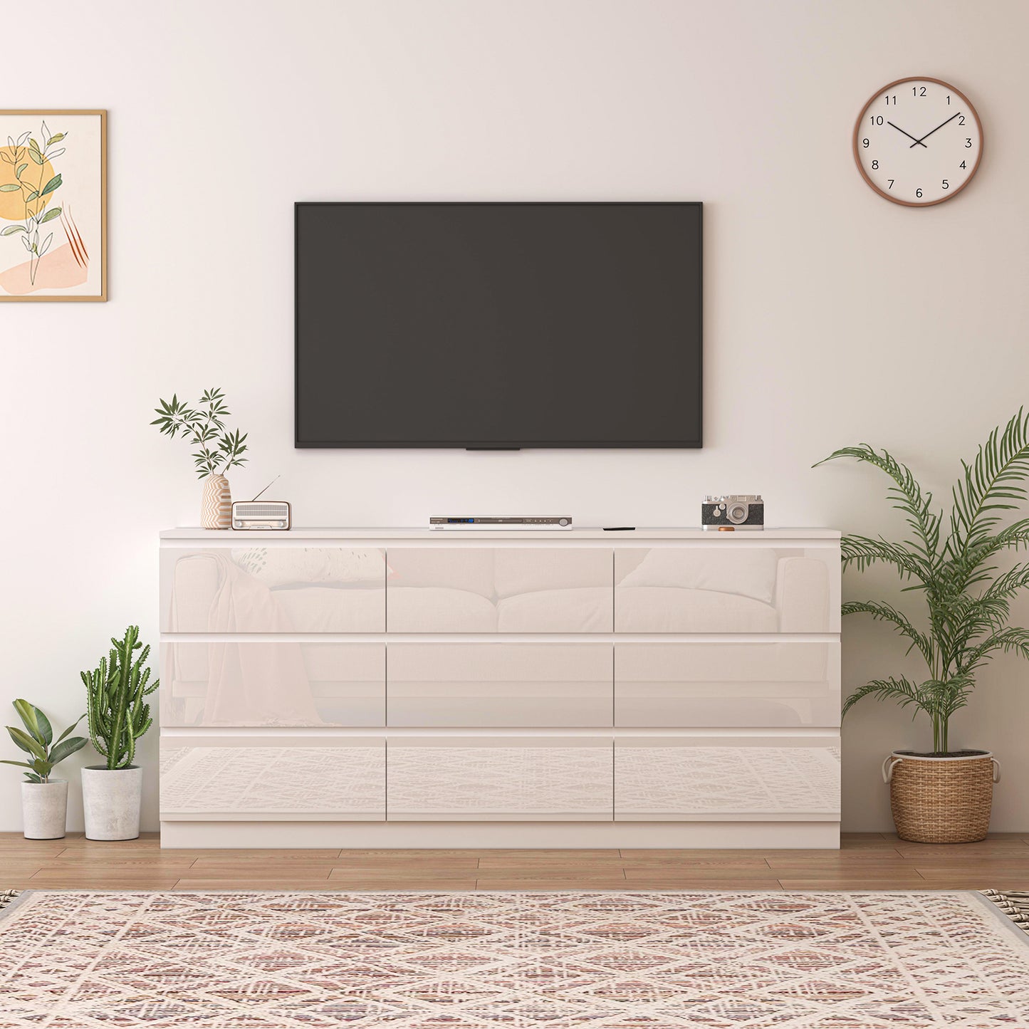 70" High Gloss 9 Drawers Dresser Chest with Power Outlet