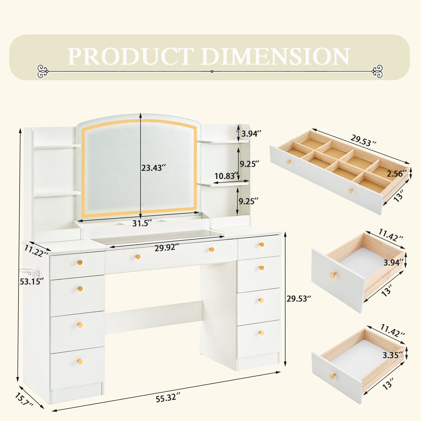 55’’ Glass Top LED Makeup Vanity with Mirror & 9 Drawers