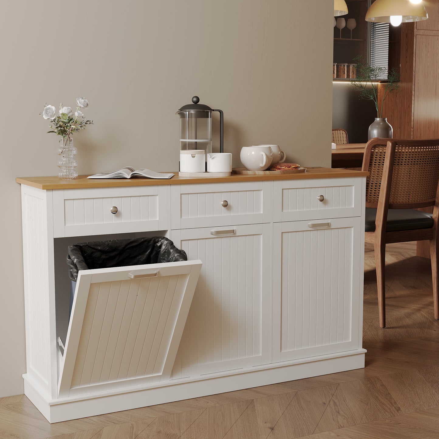 3 x 10 Gallon Triple Tilt Out Trash Can Cabinet for Trash, Recycle & Compost