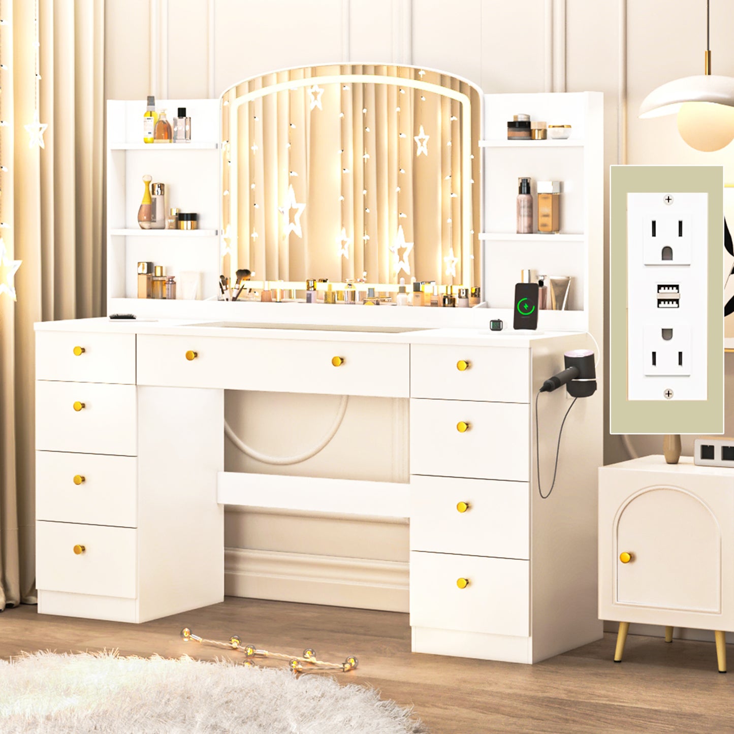 55’’ Glass Top LED Makeup Vanity with Mirror & 9 Drawers
