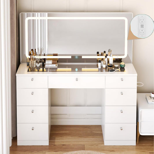 46" Glass Tabletop LED Makeup Vanity with Mirror & 9 Drawers