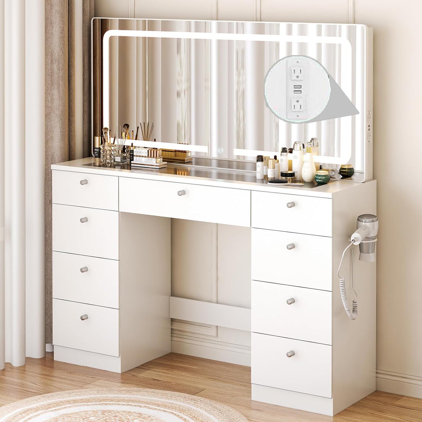 46" Glass Tabletop LED Makeup Vanity with Mirror & 9 Drawers