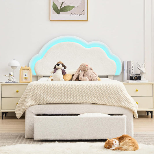 Twin Size Boucle Upholstered Bed Frame with Headboard, No Box Spring Required