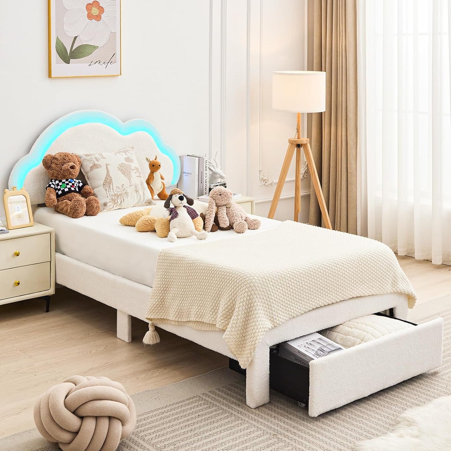 Twin Size Boucle Upholstered Bed Frame with Headboard, No Box Spring Required
