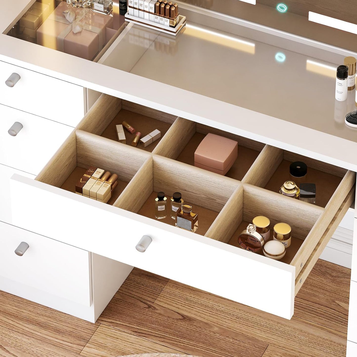46" Glass Tabletop LED Makeup Vanity with Mirror & 9 Drawers
