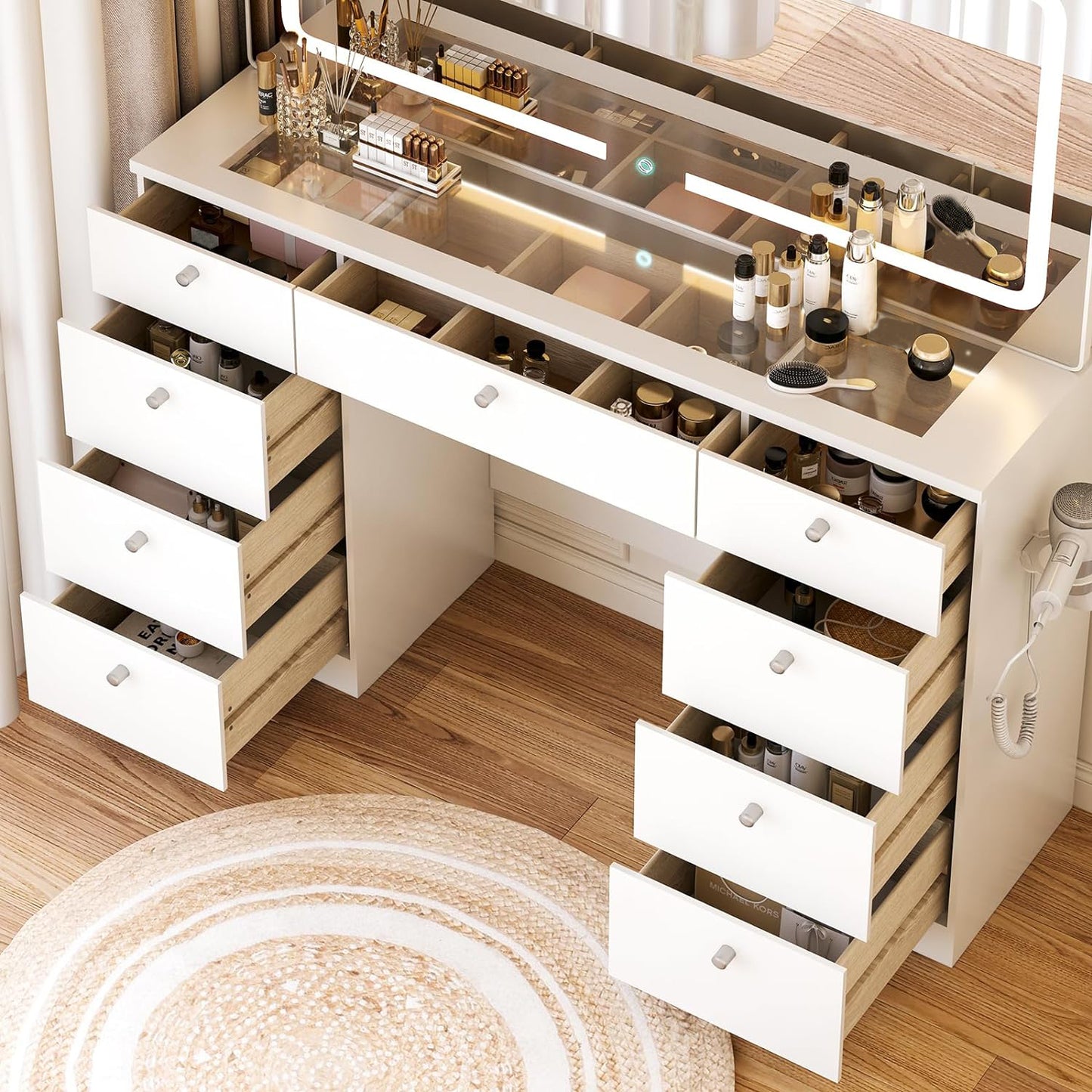 46" Glass Tabletop LED Makeup Vanity with Mirror & 9 Drawers