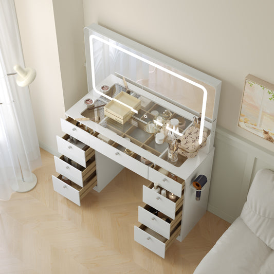 46" Glass Tabletop LED Makeup Vanity with Mirror & 9 Drawers
