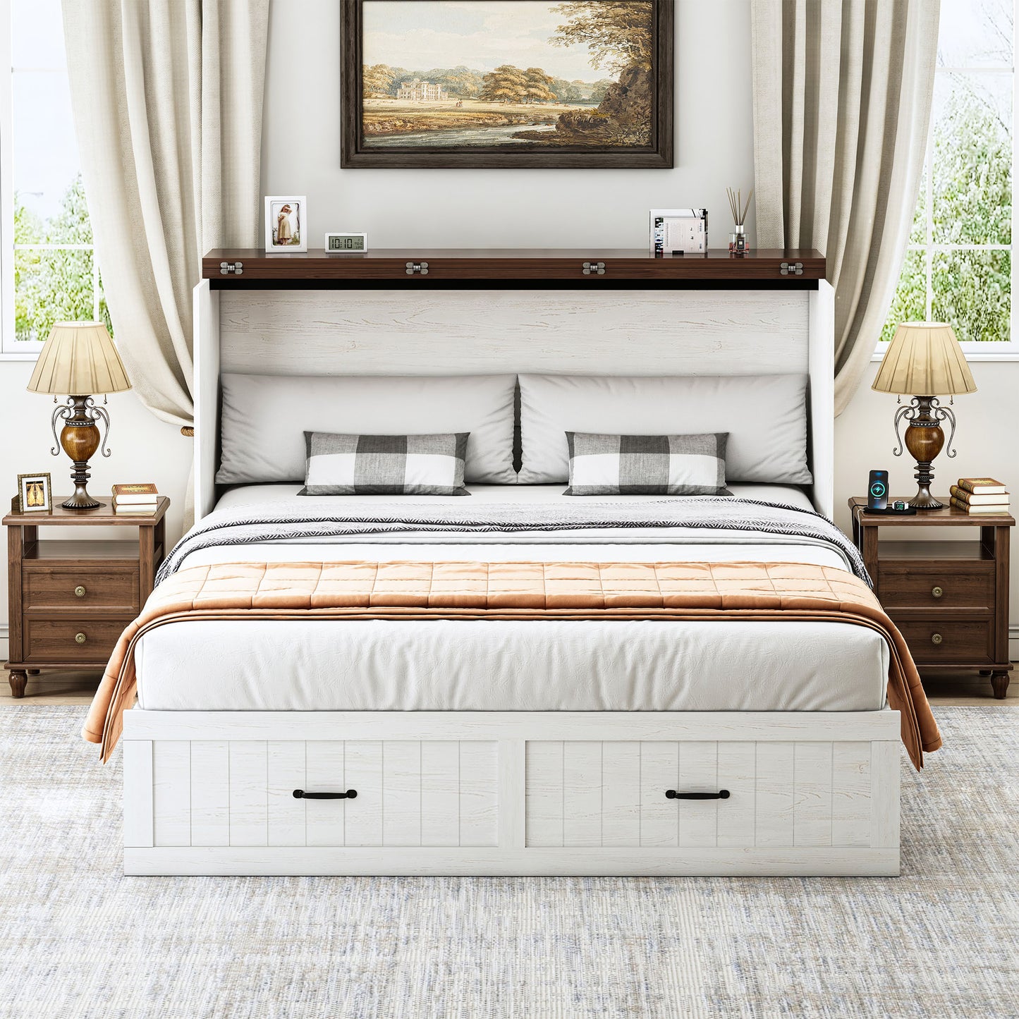 Farmhouse Murphy Bed with Storage Drawer & Charging Station, Mattress Not Included
