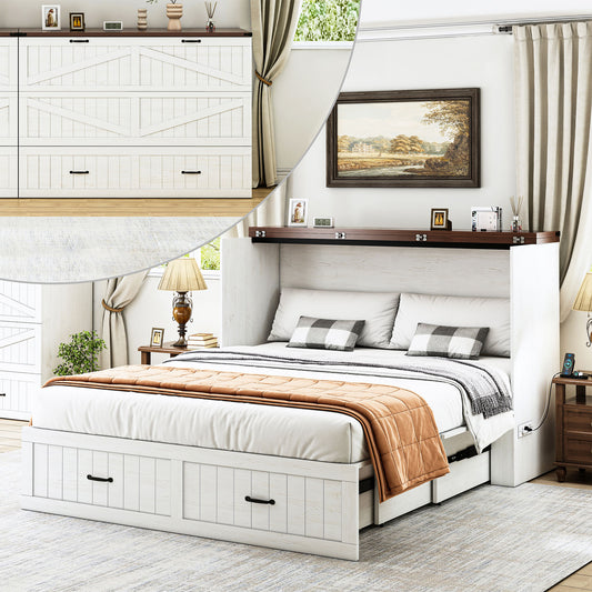Farmhouse Murphy Bed with Storage Drawer & Charging Station, Mattress Not Included