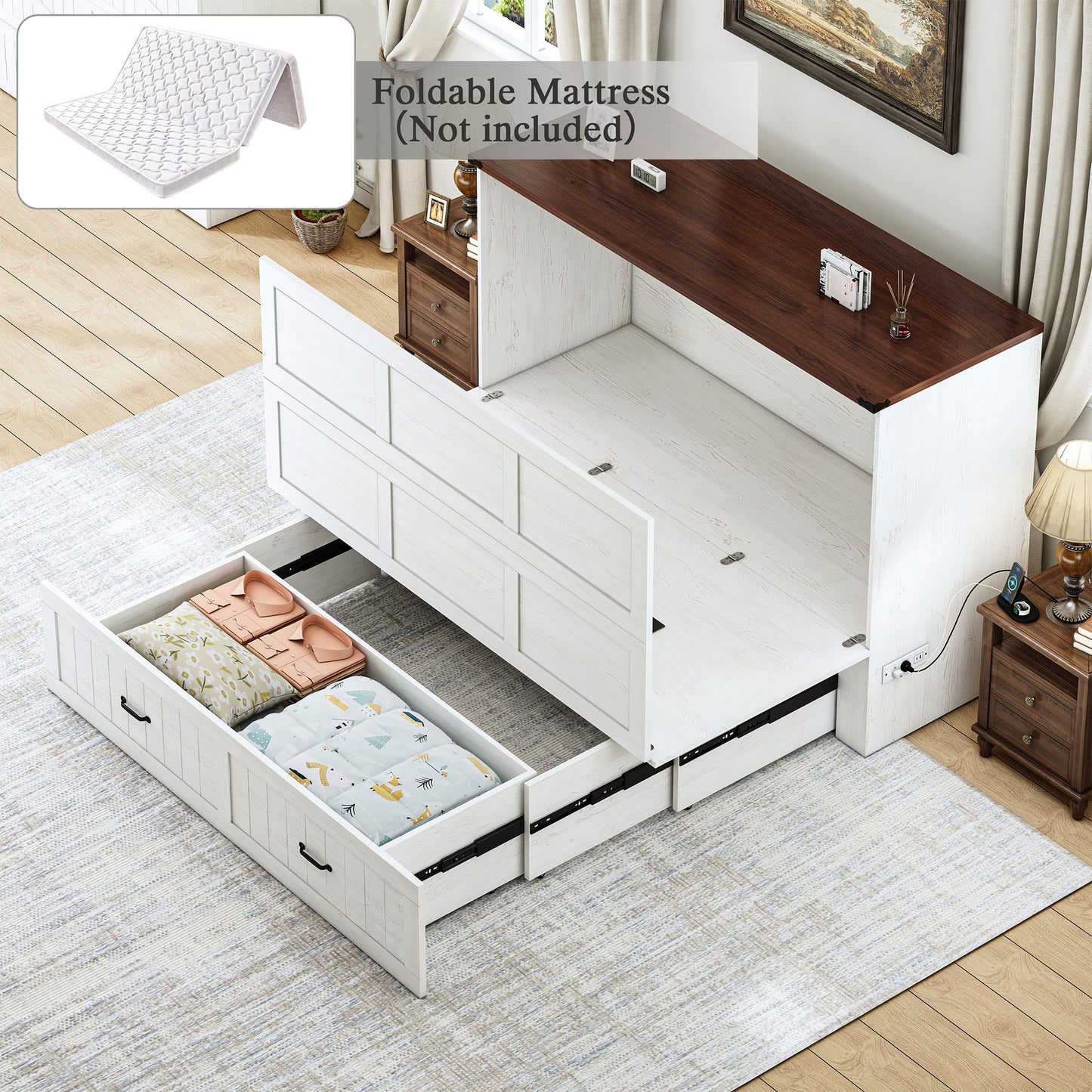 Farmhouse Murphy Bed with Storage Drawer & Charging Station, Mattress Not Included