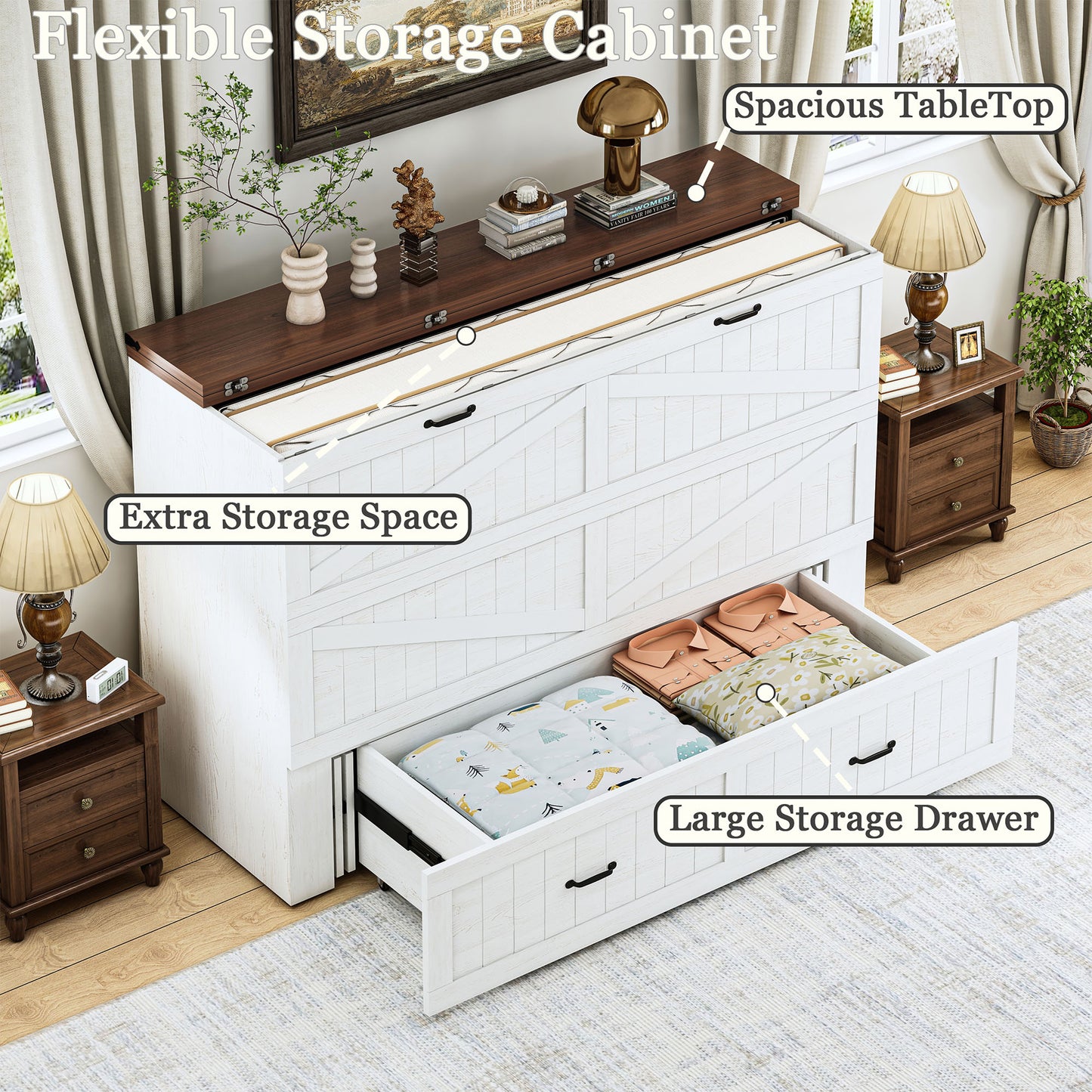 Farmhouse Murphy Bed with Storage Drawer & Charging Station, Mattress Not Included