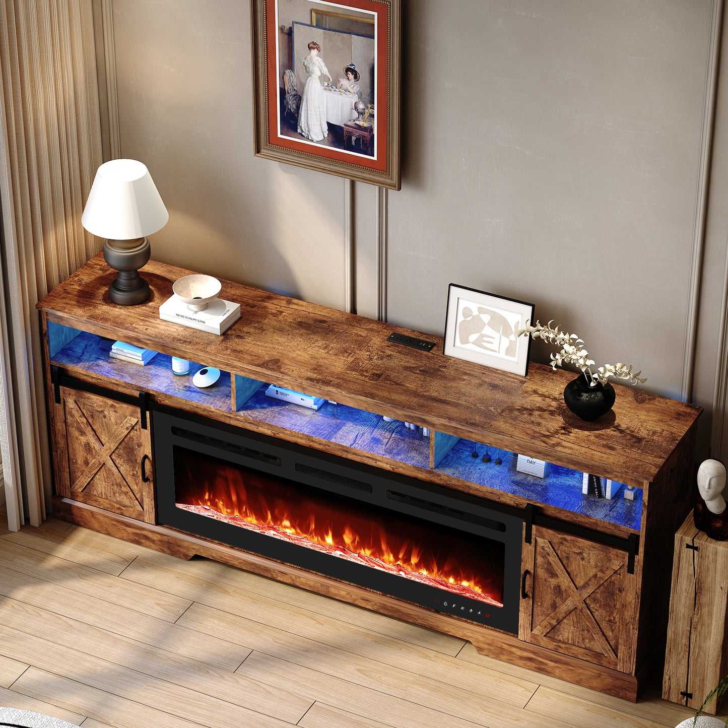 80.7“ Farmhouse Fireplace TV Stand for 85 Inch TV with LED Lights and Power Outlet