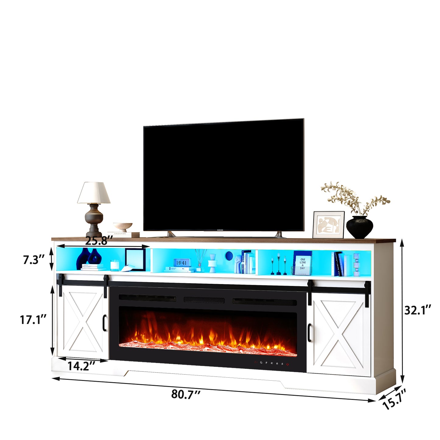 80.7“ Farmhouse Fireplace TV Stand for 85 Inch TV with LED Lights and Power Outlet
