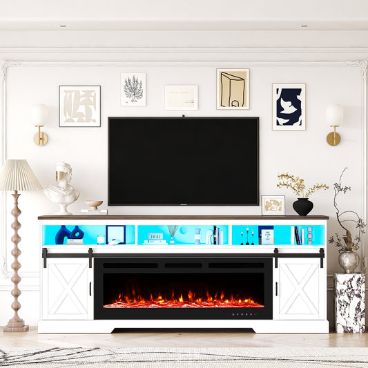 80.7“ Farmhouse Fireplace TV Stand for 85 Inch TV with LED Lights and Power Outlet