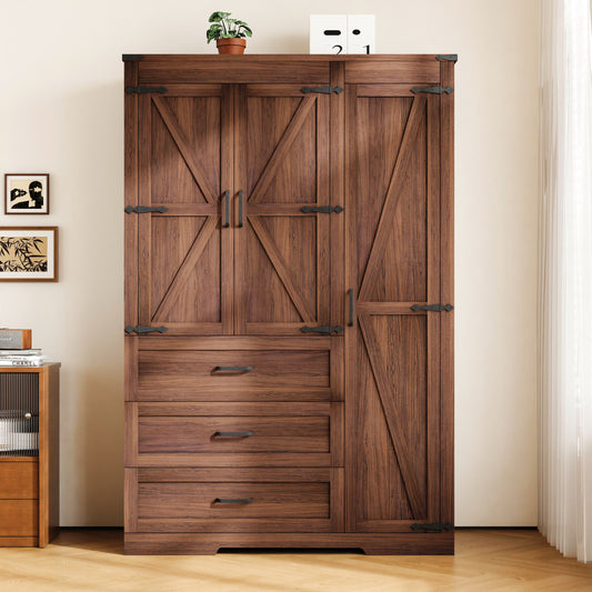 70" Farmhouse Tall Wardrobe Closet with 3 Doors & 3 Drawers, Armoire with Hanging Rod