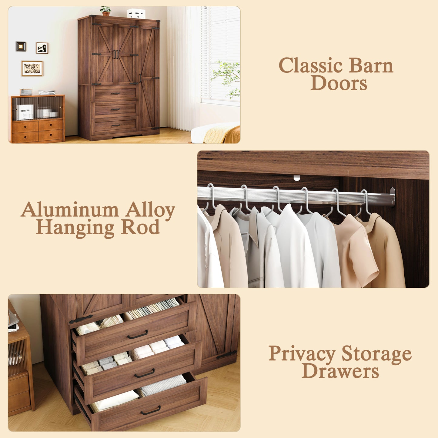 70" Farmhouse Tall Wardrobe Closet with 3 Doors & 3 Drawers, Armoire with Hanging Rod