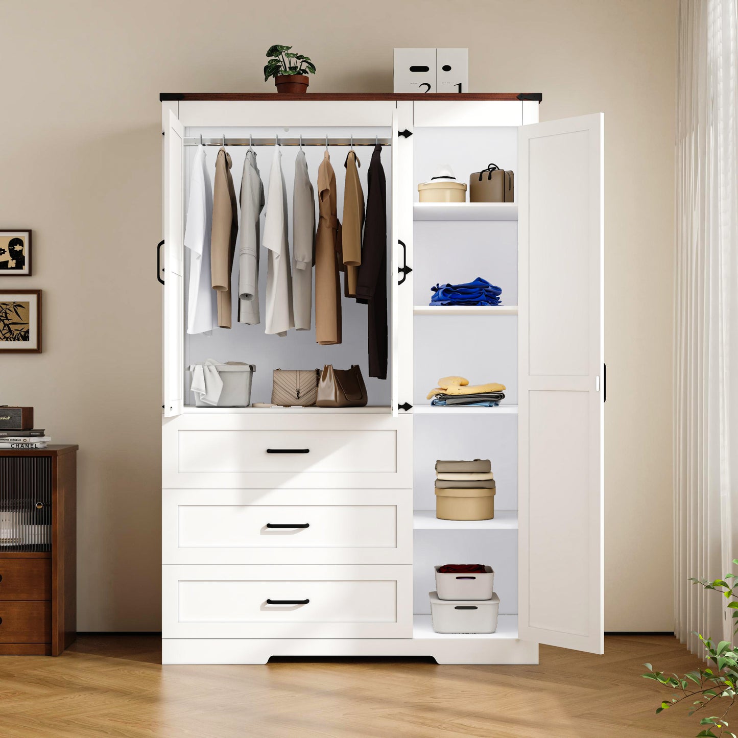 70" Farmhouse Tall Wardrobe Closet with 3 Doors & 3 Drawers, Armoire with Hanging Rod