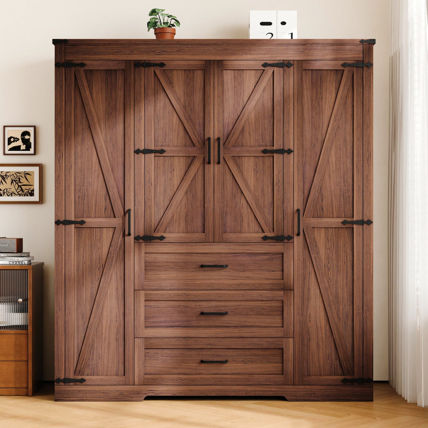 Farmhouse 4 Door Armoire Wardrobe with 3 Drawers and Drawers