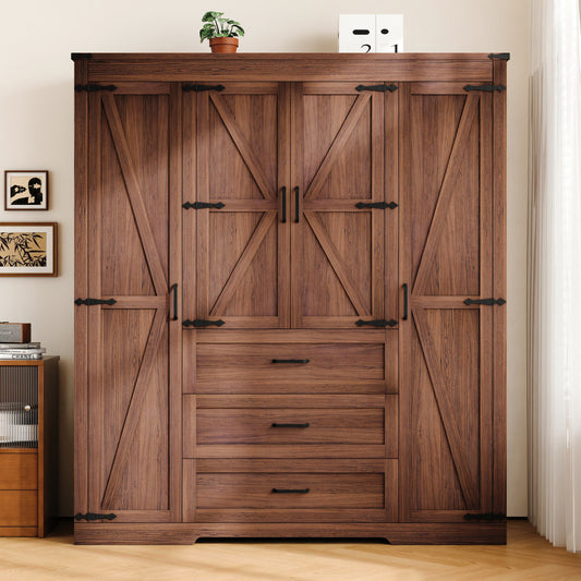 Farmhouse 4 Door Armoire Wardrobe with 3 Drawers and Drawers