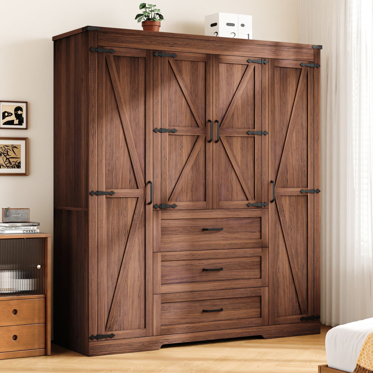 Farmhouse 4 Door Armoire Wardrobe with 3 Drawers and Drawers