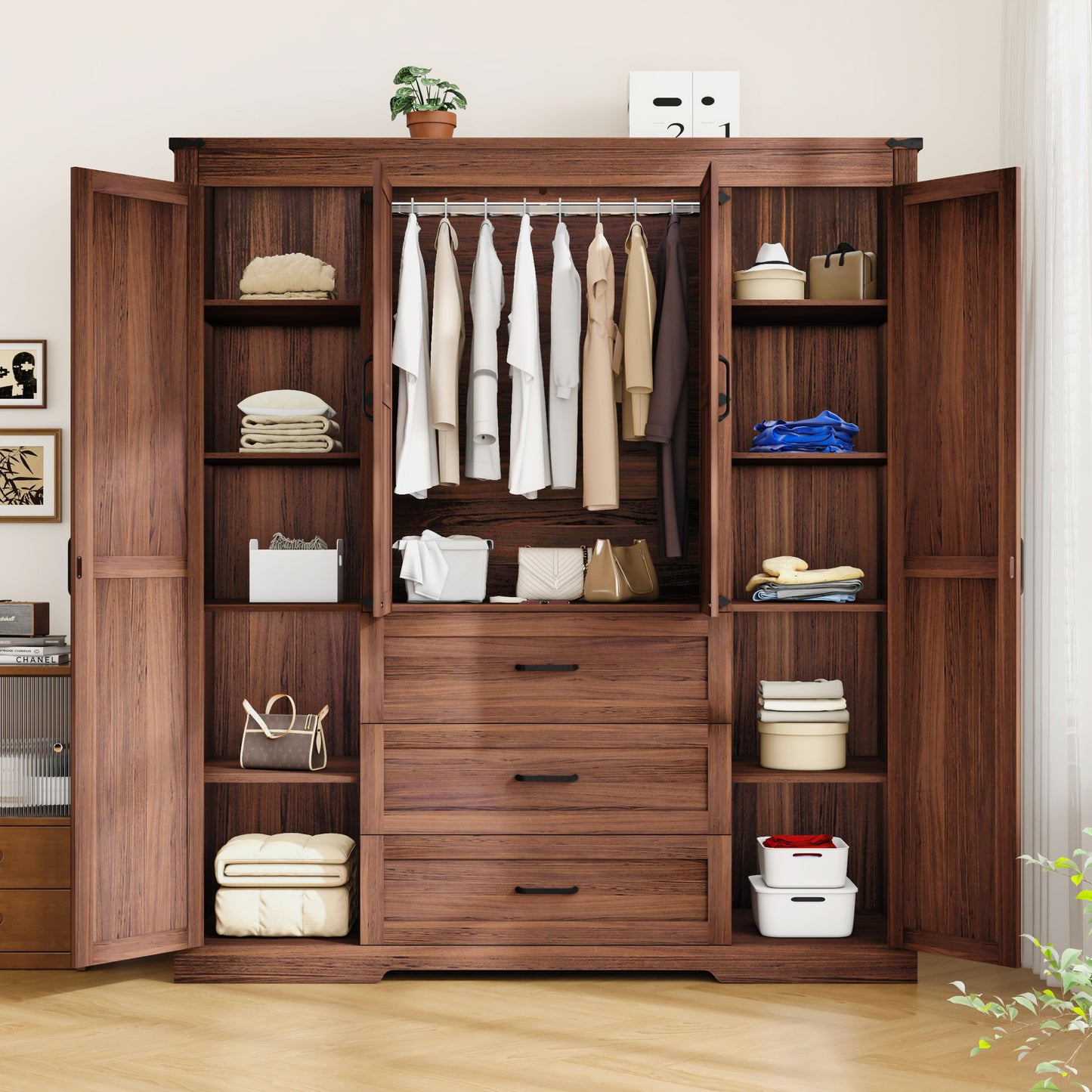 Farmhouse 4 Door Armoire Wardrobe with 3 Drawers and Drawers