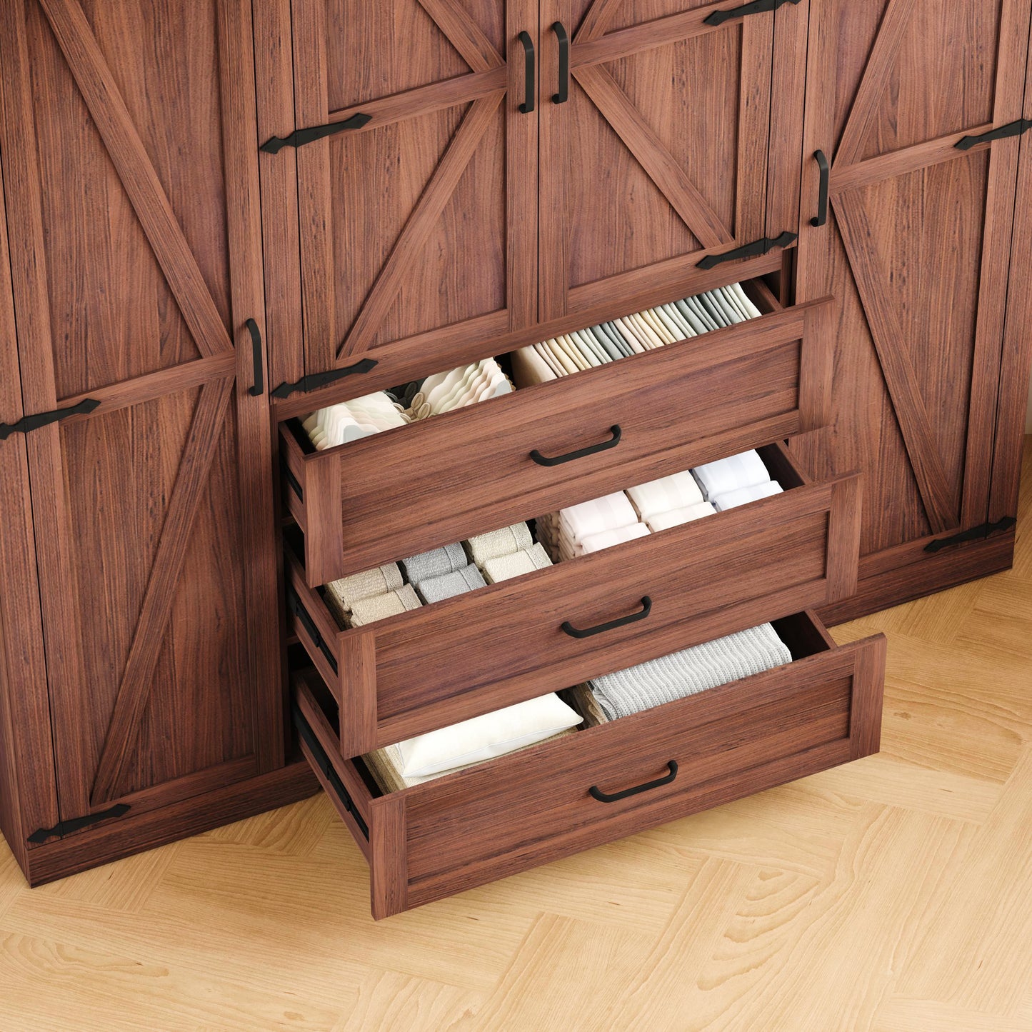 Farmhouse 4 Door Armoire Wardrobe with 3 Drawers and Drawers