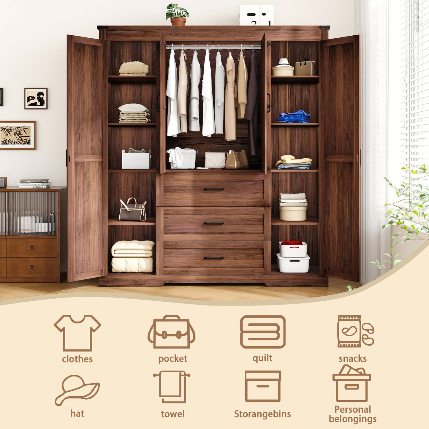 Farmhouse 4 Door Armoire Wardrobe with 3 Drawers and Drawers