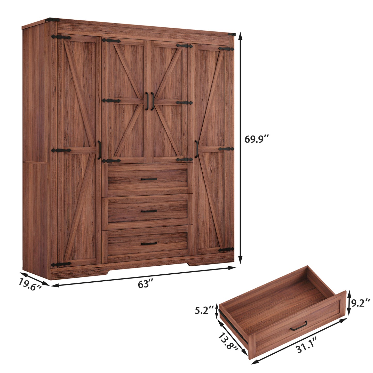 Farmhouse 4 Door Armoire Wardrobe with 3 Drawers and Drawers