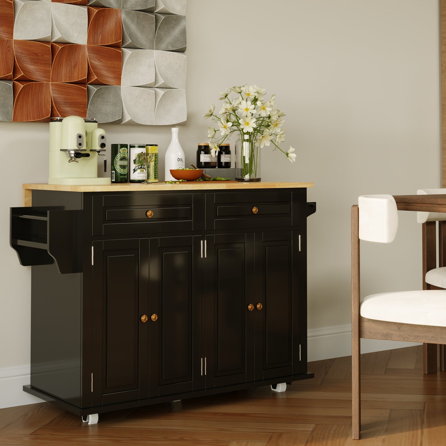 Rolling Kitchen Island with Sliding Drop Leaf and Stoage Drawers
