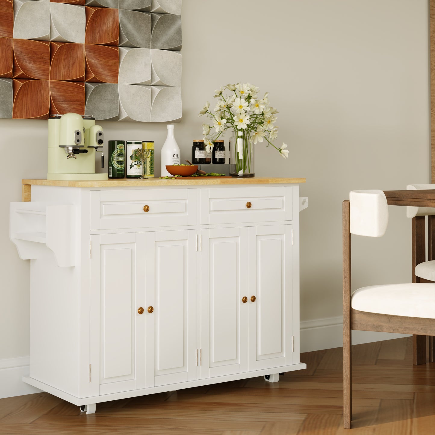 Rolling Kitchen Island with Sliding Drop Leaf and Stoage Drawers