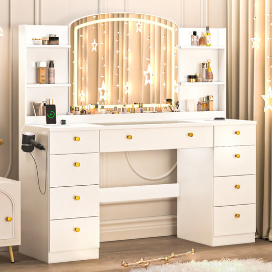 55’’ Glass Top LED Makeup Vanity with Mirror & 9 Drawers